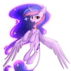 Size: 2000x2000 | Tagged: safe, artist:mp-printer, derpibooru import, oc, oc:adelina, unofficial characters only, alicorn, pony, alicorn oc, art trade, female, flying, galaxy mane, jewelry, looking at you, mare, open mouth, peytral, simple background, smiling, solo, spread wings, transparent background