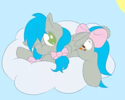 Size: 1723x1388 | Tagged: artist:laptopbrony, blushing, bow, cloud, cute, derpibooru import, looking at you, oc, oc:darcy sinclair, on a cloud, safe, solo, unofficial characters only