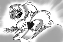 Size: 1500x1000 | Tagged: suggestive, artist:ruhisu, derpibooru import, vinyl scratch, pony, unicorn, clothes, dock, female, glasses, grin, looking at you, looking back, monochrome, panties, plot, smiling, socks, solo, solo female, striped socks, sunglasses, underhoof, underwear