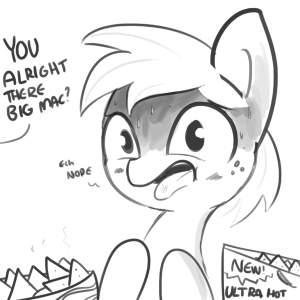 Size: 1080x1080 | Tagged: safe, artist:tjpones, derpibooru import, big macintosh, earth pony, pony, chips, dialogue, food, grayscale, male, monochrome, nachos, nope, offscreen character, open mouth, simple background, solo, spicy, sweat, this will end in pain, tongue out, white background