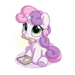 Size: 1200x1200 | Tagged: safe, artist:bobdude0, derpibooru import, sweetie belle, pony, unicorn, cute, diasweetes, drawing, female, filly, hnnng, looking up, mouth hold, nom, notebook, pencil, simple background, sitting, smiling, solo, underhoof, weapons-grade cute, white background