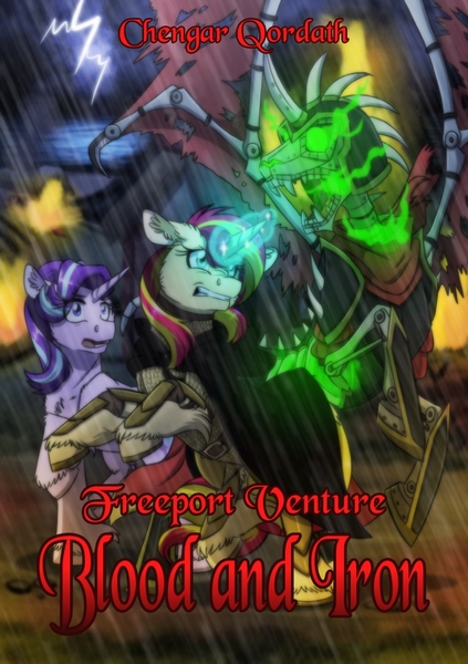 Size: 722x1024 | Tagged: safe, artist:inuhoshi-to-darkpen, derpibooru import, starlight glimmer, sunset shimmer, oc, oc:rising fire, lich, pony, undead, unicorn, fanfic, the freeport venture, winningverse, cover art, fanfic art, fight, fire, glowing horn, green fire, lightning, rain, raised hoof, rearing, unshorn fetlocks