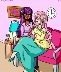 Size: 2400x2799 | Tagged: artist:mylittleyuri, clothes, dark skin, derpibooru import, female, fluttershy, human, humanized, lamp, lesbian, long skirt, looking at each other, off shoulder, safe, shipping, skirt, sweater, sweatershy, twilight sparkle, twishy
