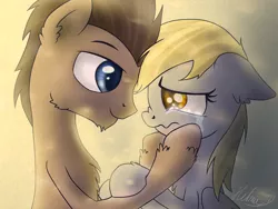 Size: 1920x1440 | Tagged: safe, artist:helmie-art, derpibooru import, derpy hooves, doctor whooves, time turner, earth pony, pegasus, pony, cheering up, chest fluff, comforting, crying, doctorderpy, female, floppy ears, looking at each other, male, regeneration, sad, shipping, smiling, straight