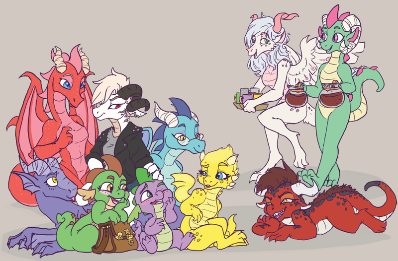 Size: 1008x663 | Tagged: artist:purple-blep, coffee, coffee mug, derpibooru import, dragon, dragon oc, mug, not ember, oc, oc:columba, oc:daze, oc dragon, oc:emerald, oc:flamel, oc:hope, oc:khoa, oc:muse, oc:scylla, oc:tonic, safe, simple background, spike, spike gets all the dragons