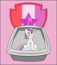 Size: 1065x1208 | Tagged: safe, artist:planetkiller, derpibooru import, part of a set, sweetie belle, pony, blushing, chest fluff, cutie mark, litter ponies, litterbox, looking up, sitting, solo, the cmc's cutie marks, why
