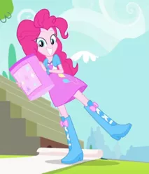 Size: 323x380 | Tagged: safe, derpibooru import, screencap, pinkie pie, equestria girls, pinkie on the one, rainbow rocks, balloon, banner, boots, bracelet, clothes, cute, diapinkes, grin, high heel boots, jewelry, mountain, raised leg, skirt, smiling