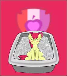 Size: 1065x1208 | Tagged: safe, artist:planetkiller, derpibooru import, part of a set, apple bloom, pony, blushing, chest fluff, cutie mark, eyes closed, litter ponies, litterbox, sitting, solo, the cmc's cutie marks, why