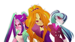 Size: 2500x1400 | Tagged: safe, artist:elemental-fa, derpibooru import, adagio dazzle, aria blaze, sonata dusk, equestria girls, rainbow rocks, clothes, commission, hair over one eye, looking at you, simple background, the dazzlings, transparent background, trio, watermark