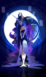 Size: 1500x2500 | Tagged: artist:elemental-fa, artist:ponanya, breasts, cleavage, clothes, derpibooru import, dress, eyeshadow, female, full moon, hair over one eye, horned humanization, human, humanized, looking at you, makeup, moon, night, princess luna, safe, solo, starry mane, stars