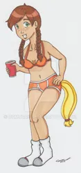 Size: 400x855 | Tagged: alternate hair color, applejack, artist:cqmorrell, belly button, boxers, bra, braid, breasts, brown hair, clothes, cup, derpibooru import, female, freckles, grin, hand on hip, human, humanized, natural hair color, orange underwear, part of a set, red cup, simple background, smiling, socks, solo, solo female, suggestive, tailed humanization, traditional art, underwear, watermark, white background