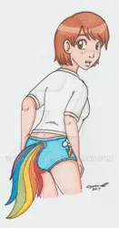 Size: 400x763 | Tagged: artist:cqmorrell, blue underwear, brown eyes, brown hair, clothes, cutie mark underwear, derpibooru import, female, freckles, human, humanized, natural eye color, natural hair color, open mouth, panties, part of a set, rainbow dash, rear view, shirt, simple background, solo, solo female, suggestive, tailed humanization, traditional art, underwear, watermark, white background