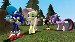 Size: 1366x768 | Tagged: safe, artist:migueruchan, derpibooru import, fluttershy, twilight sparkle, twilight sparkle (alicorn), alicorn, pony, 3d, clucky, crossover, flicky, gmod, shadow the hedgehog, sonic the hedgehog, sonic the hedgehog (series)