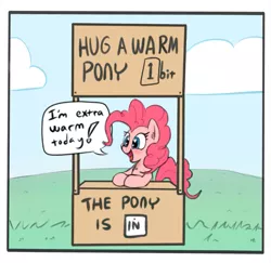 Size: 721x701 | Tagged: safe, artist:firenhooves, derpibooru import, pinkie pie, earth pony, pony, blushing, booth, charlie brown, chest fluff, cute, dialogue, diapinkes, ear fluff, female, happy, heart eyes, hug, lucy van pelt, lucy's advice booth, mare, open mouth, peanuts, reference, sale, shut up and take my money, sign, smiling, solo, warm, wingding eyes