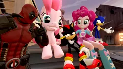 Size: 1366x768 | Tagged: safe, artist:migueruchan, derpibooru import, pinkie pie, pony, equestria girls, 3d, boots, bracelet, clothes, crossover, deadpool, gmod, high heel boots, human counterpart, human ponidox, jewelry, pony counterpart, self ponidox, shadow the hedgehog, shoes, skirt, skirt lift, sneakers, sonic the hedgehog, sonic the hedgehog (series), square crossover