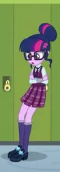 Size: 168x480 | Tagged: safe, derpibooru import, screencap, sci-twi, twilight sparkle, equestria girls, friendship games, clothes, cropped, crossed arms, crystal prep academy uniform, glasses, lockers, magic capture device, sad, school uniform, shoes, skirt, socks, solo