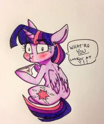 Size: 2128x2544 | Tagged: suggestive, artist:ameliacostanza, derpibooru import, twilight sparkle, twilight sparkle (alicorn), alicorn, pony, blood, blushing, clothes, dialogue, embarrassed, heart, heart print underwear, nosebleed, panties, pervert, ribbon, sitting, solo, sweat, sweatdrop, traditional art, underwear, white underwear