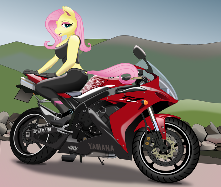 Size: 2353x2000 | Tagged: anthro, artist:phucknuckl, biker chick, boots, breasts, busty fluttershy, clothes, derpibooru import, eyeshadow, female, fluttershy, gloves, inkscape, leather pants, makeup, motorcycle, plantigrade anthro, safe, solo, vector, yamaha