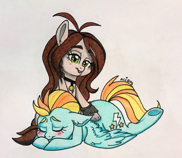 Size: 2140x1856 | Tagged: safe, artist:ameliacostanza, derpibooru import, lightning dust, ponified, pony, blushing, commission, crossover, eyes closed, laura kinney, marvel, massage, traditional art