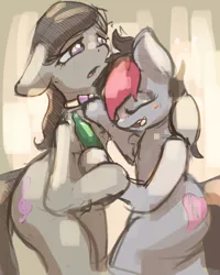 Size: 2400x3000 | Tagged: safe, artist:ruby, derpibooru import, octavia melody, oc, oc:miss eri, pony, alcohol, bipedal, blushing, bottle, drunk, drunktavia