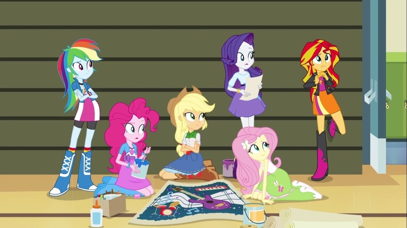 Size: 1100x618 | Tagged: safe, derpibooru import, screencap, applejack, fluttershy, pinkie pie, rainbow dash, rarity, sunset shimmer, equestria girls, rainbow rocks, boots, bracelet, clothes, cowboy boots, door, high heel boots, humane five, jacket, jewelry, leather jacket, lockers, paintbrush, raised leg, skirt, socks, wristband