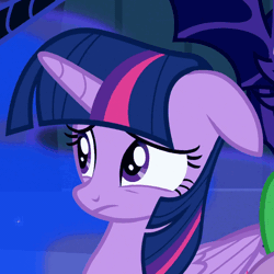 Size: 506x507 | Tagged: safe, derpibooru import, screencap, nightmare moon, twilight sparkle, twilight sparkle (alicorn), alicorn, pony, the cutie re-mark, animated, blinking, cropped, duo, female, floppy ears, folded wings, frown, gif, looking at something, loop, male, mare, open mouth, perfect loop, worried