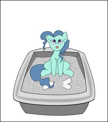 Size: 1065x1208 | Tagged: safe, artist:planetkiller, derpibooru import, part of a set, petunia paleo, pony, bone, litter ponies, litterbox, looking at you, looking up, simple background, sitting, solo