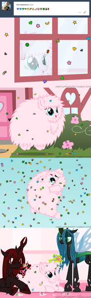 Size: 650x2125 | Tagged: safe, artist:mixermike622, derpibooru import, queen chrysalis, oc, oc:fluffle puff, oc:marksaline, changeling, pony, tumblr:ask fluffle puff, ask, comic, emoji, reality ensues, red changeling, scissors, symbols, tumblr