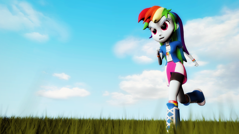 Size: 1920x1080 | Tagged: safe, artist:razethebeast, derpibooru import, rainbow dash, equestria girls, 3d, boots, clothes, cloud, compression shorts, grass field, open mouth, raised leg, running, skirt, sky, smiling, socks, solo, source filmmaker, spring, wristband