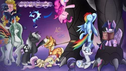 Size: 1024x576 | Tagged: safe, artist:animechristy, derpibooru import, applejack, fluttershy, pinkie pie, rainbow dash, rarity, twilight sparkle, twilight sparkle (alicorn), oc, ponified, alicorn, dragon, kaiju, kaiju pony, pony, unicorn, fanfic, fanfic:the bridge, book, commission, crossover, fanfic art, glowing horn, godzilla, godzilla (series), godzilla junior, group, magic, male, mane six, mothra, mothra lea, nail polish, prone, pulling, reformed, rope, smiling, stallion, throne, title card