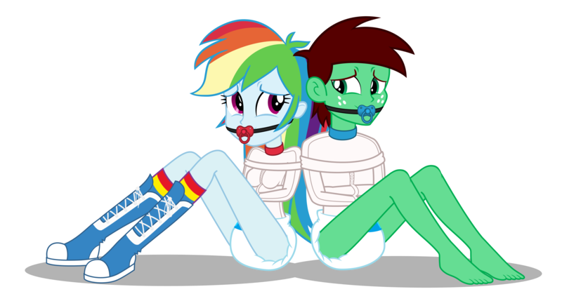 Size: 2813x1508 | Tagged: questionable, artist:applec1234, deleted from derpibooru, derpibooru import, rainbow dash, oc, oc:northern haste, human, equestria girls, bondage, canon x oc, diaper, diaper bondage, diaper fetish, equestria girls-ified, northash, pacifier gag, poofy diaper, simple background, smiling, straitjacket, transparent background