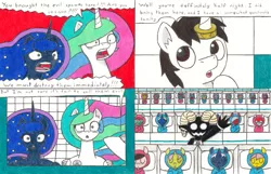 Size: 3395x2181 | Tagged: safe, artist:eternaljonathan, derpibooru import, princess celestia, princess luna, oc, oc:nemo, alicorn, pony, comic:a new twist, badge, chubby, clone, comic, female, foal, horn ring, mare, monitor, royal sisters, traditional art