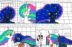 Size: 3396x2203 | Tagged: safe, artist:eternaljonathan, derpibooru import, princess celestia, princess luna, oc, oc:nemo, alicorn, pony, comic:a new twist, badge, comic, female, horn ring, mare, plot, royal sisters, traditional art