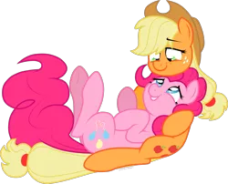 Size: 1605x1300 | Tagged: safe, artist:storfulsten, derpibooru import, applejack, pinkie pie, pony, applepie, cuddling, eye contact, female, lesbian, looking at each other, shipping, simple background, transparent background