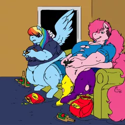 Size: 1280x1280 | Tagged: safe, artist:amelia-s-cooper, artist:min, derpibooru import, pinkie pie, rainbow dash, anthro, earth pony, pegasus, apple juice, belly, belly button, bellyring, big belly, big breasts, bottle, breasts, busty pinkie pie, chips, clothes, colored, controller, couch, dork, duo, ear piercing, fat, female, food, freckles, gamer dash, gamerdash, gamer pinkie, gaming, glasses, injured wing, juice, lip piercing, mismatched socks, morbidly obese, obese, piercing, piggy pie, pudgy pie, punk, punkie pie, rainblob dash, rainbow dork, shirt, shorts, skirt, socks, thigh highs, torn clothes