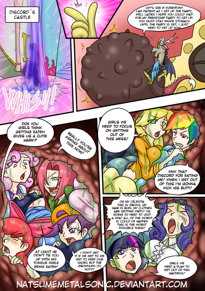 Size: 741x1048 | Tagged: 2 handfuls of dat ass, abdominal bulge, apple bloom, applejack, artist:natsumemetalsonic, big breasts, boob squish, breasts, busty applejack, busty rainbow dash, busty rarity, butt grab, butt pillow, comic, comic:vore is magic too, comic:vore is magic too (side quest), cutie mark crusaders, derpibooru import, discord, endosoma, engrish, female, fetish, grope, hand on butt, human, humanized, multiple prey, pinkie pie, questionable, rainbow dash, rarity, scootaloo, sweetie belle, vore