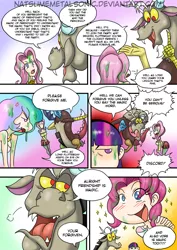 Size: 741x1048 | Tagged: artist:natsumemetalsonic, big breasts, blushing, breasts, busty fluttershy, cleavage, clothes, comic, comic:vore is magic too, comic:vore is magic too (side quest), derpibooru import, dialogue, discord, female, fetish, fluttershy, grammar error, human, humanized, misspelling of you're, off shoulder, pinkie pie, post-vore, princess celestia, skirt, suggestive, sweater, sweatershy, twilight sparkle, vore