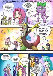 Size: 741x1048 | Tagged: apple bloom, applejack, artist:natsumemetalsonic, babs seed, big breasts, breasts, busty applejack, busty fluttershy, busty pinkie pie, busty princess celestia, busty princess luna, busty rarity, clothes, comic, comic:vore is magic too, comic:vore is magic too (side quest), confetti, cutie mark crusaders, derpibooru import, discord, engrish, female, fluttershy, human, humanized, off shoulder, pinkie pie, post-vore, princess cadance, princess celestia, princess luna, rarity, scootaloo, spike, suggestive, sweater, sweatershy, sweetie belle, teleportation, twilight sparkle