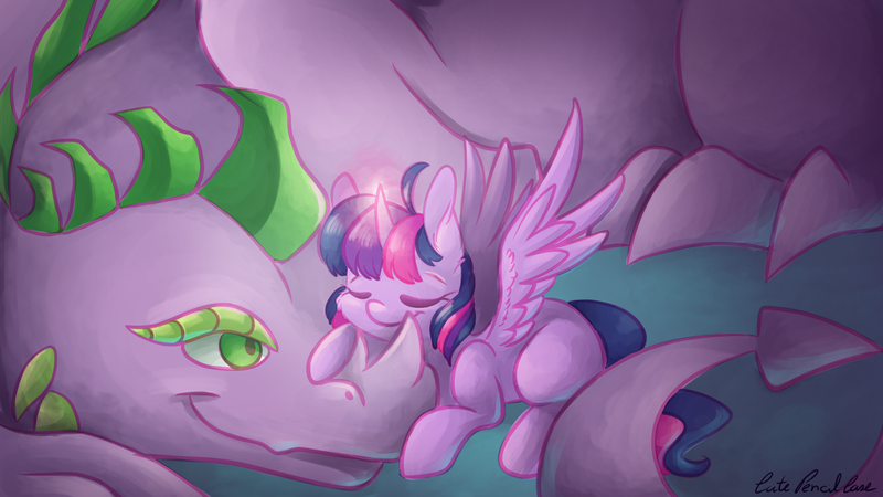 Size: 7680x4320 | Tagged: safe, artist:cutepencilcase, derpibooru import, spike, twilight sparkle, twilight sparkle (alicorn), alicorn, dragon, pony, absurd resolution, duo, eyes closed, older, older spike, resting, smiling