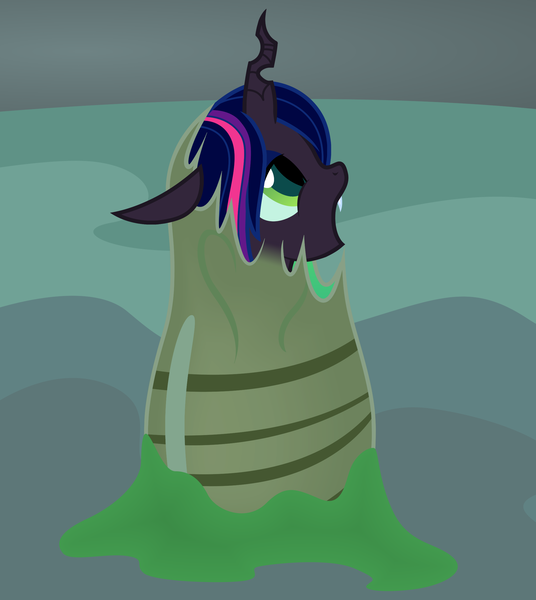 Size: 2128x2382 | Tagged: safe, artist:badumsquish, derpibooru import, twilight sparkle, changeling, changeling queen, alternate universe, cave, changeling egg, changelingified, cute, egg, fangs, female, filly, filly twilight sparkle, hatching, looking up, open mouth, profile, queen twilight, slime, solo, species swap