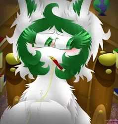Size: 1024x1076 | Tagged: safe, artist:vanillaswirl6, derpibooru import, oc, oc:saxony, unofficial characters only, earth pony, pony, blushing, book, bookshelf, chair, cheek fluff, chest fluff, colored eyelashes, colored pupils, curly hair, dust particles, ear fluff, female, floor, fluffy, german, germany, glasses, globe, green eyes, hoof hold, librarian, library, looking down, messy mane, mouth hold, nervous, nose wrinkle, pen, saxony, shading, signature, sitting, solo, vanillaswirl6's state ponies