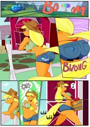 Size: 6071x8598 | Tagged: absurd resolution, anthro, apple, applebucking thighs, applebutt, applejack, artist:vale-city, ass, barn, belly button, breasts, bucket, busty applejack, butt expansion, clothes, comic:twilight's potion, commission, daisy dukes, derpibooru import, explosion, female, fence, food, growth, large butt, magic potion, panties, shorts, skimpy outfit, sound effects, straw, suggestive, sweet apple acres, the ass was fat, thong, underass, underboob, underwear