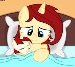 Size: 4500x4050 | Tagged: safe, artist:an-tonio, derpibooru import, oc, oc:golden brooch, oc:silver draw, unofficial characters only, pony, absurd resolution, baby, baby pony, bed, female, freckles, mother, mother and daughter