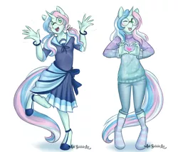 Size: 3511x3000 | Tagged: safe, artist:askbubblelee, derpibooru import, oc, oc:wish list, unofficial characters only, anthro, unguligrade anthro, unicorn, anthro oc, art trade, clothes, cute, dress, female, glasses, heart, jazz hands, looking at you, mare, multicolored hair, ocbetes, pants, self ponidox, simple background, smiling, socks, striped socks, sweater, white background