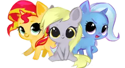 Size: 800x438 | Tagged: safe, artist:millioncookies, derpibooru import, derpy hooves, sunset shimmer, trixie, pegasus, pony, unicorn, chibi, cute, derpabetes, diatrixes, female, filly, filly derpy, filly sunset shimmer, filly trixie, millioncookies is trying to murder us, shimmerbetes, simple background, transparent background, trio, younger