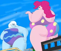 Size: 7200x6000 | Tagged: suggestive, artist:feyzer, derpibooru import, pinkie pie, trixie, human, equestria girls, absurd resolution, balloonbutt, bbw, breasts, building, bus, busty trixie, city, clothes, fat, female, giantess, huge, macro, obese, people, piggy pie, pudgy pie, rear view, ssbbw, swimsuit, the great and bountiful trixie