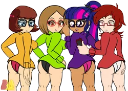 Size: 6448x4600 | Tagged: suggestive, artist:mrmaclicious, derpibooru import, sci-twi, twilight sparkle, equestria girls, absurd resolution, ass, bedroom eyes, black underwear, clothes, female, females only, group, hanna barbera, human coloration, info-chan, looking at you, looking back, nikki, panties, pink underwear, red underwear, scooby doo, simple background, smiling, swapnote, sweater, transparent background, twibutt, underwear, velma dinkley, white underwear, yandere simulator