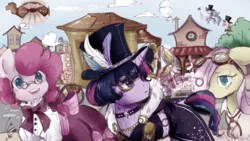Size: 1280x720 | Tagged: airship, artist:purrrfectartist, clothes, derpibooru import, fluttershy, glasses, goggles, hat, monocle, monocle and top hat, pinkie pie, pocket watch, ponyville, safe, steampunk, top hat, twilight sparkle