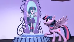 Size: 1024x576 | Tagged: safe, artist:neon-ns, derpibooru import, twilight sparkle, twilight sparkle (alicorn), alicorn, pony, equestria girls, 3d, clothes, duality, human ponidox, leg warmers, magic mirror, ponied up, scene interpretation, self paradox, self ponidox, skirt, source filmmaker