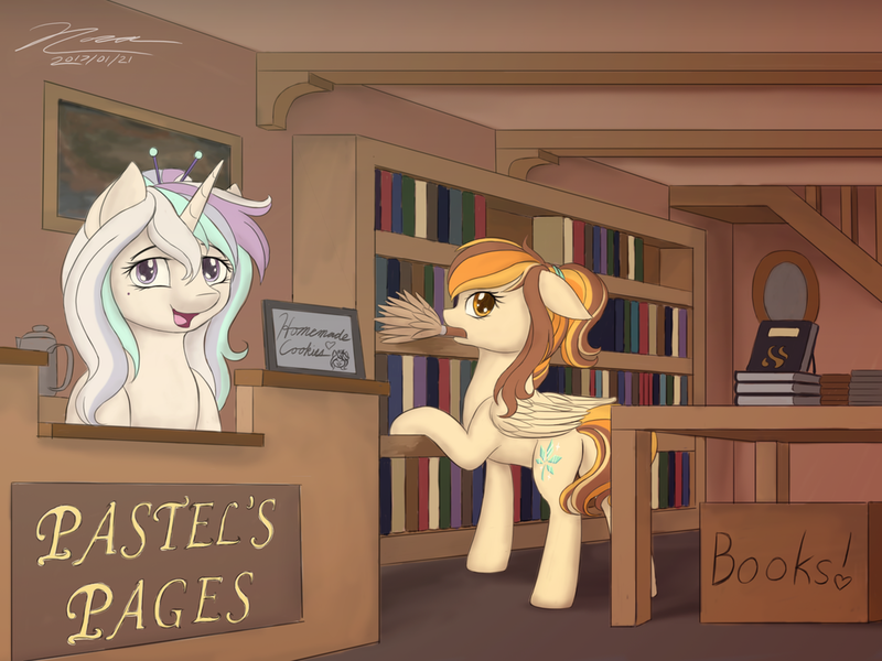 Size: 1024x768 | Tagged: artist:novaintellus, book, bookshelf, derpibooru import, duo, duster, mouth hold, oc, oc:autumn topaz, oc:pastel tanzanite, safe, unofficial characters only